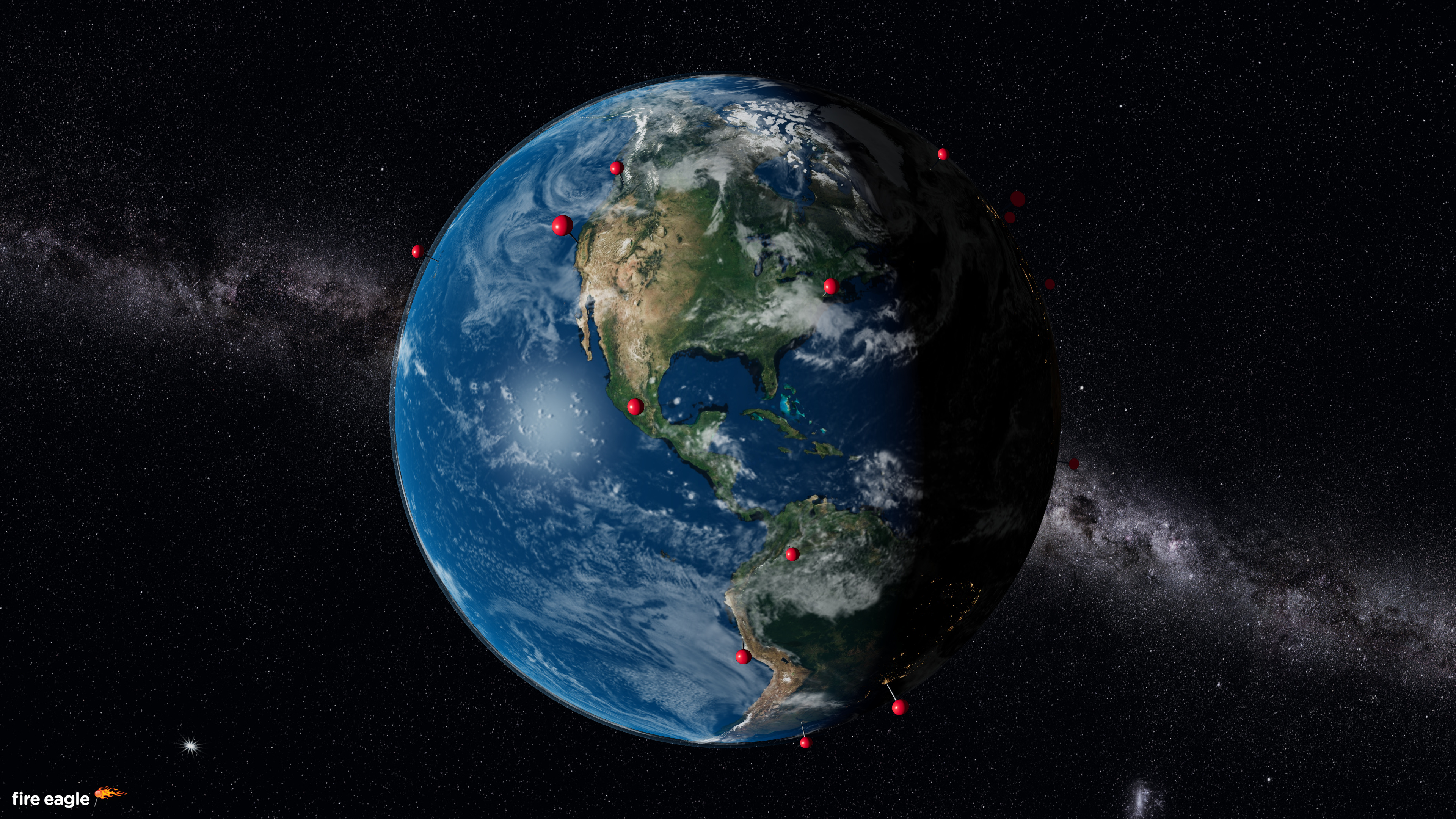 Earth in sunlight and darkness, with red location pins