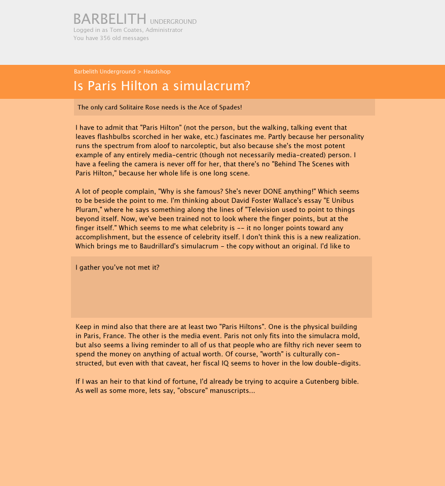 A stripped-back orange Barbelith thread design.