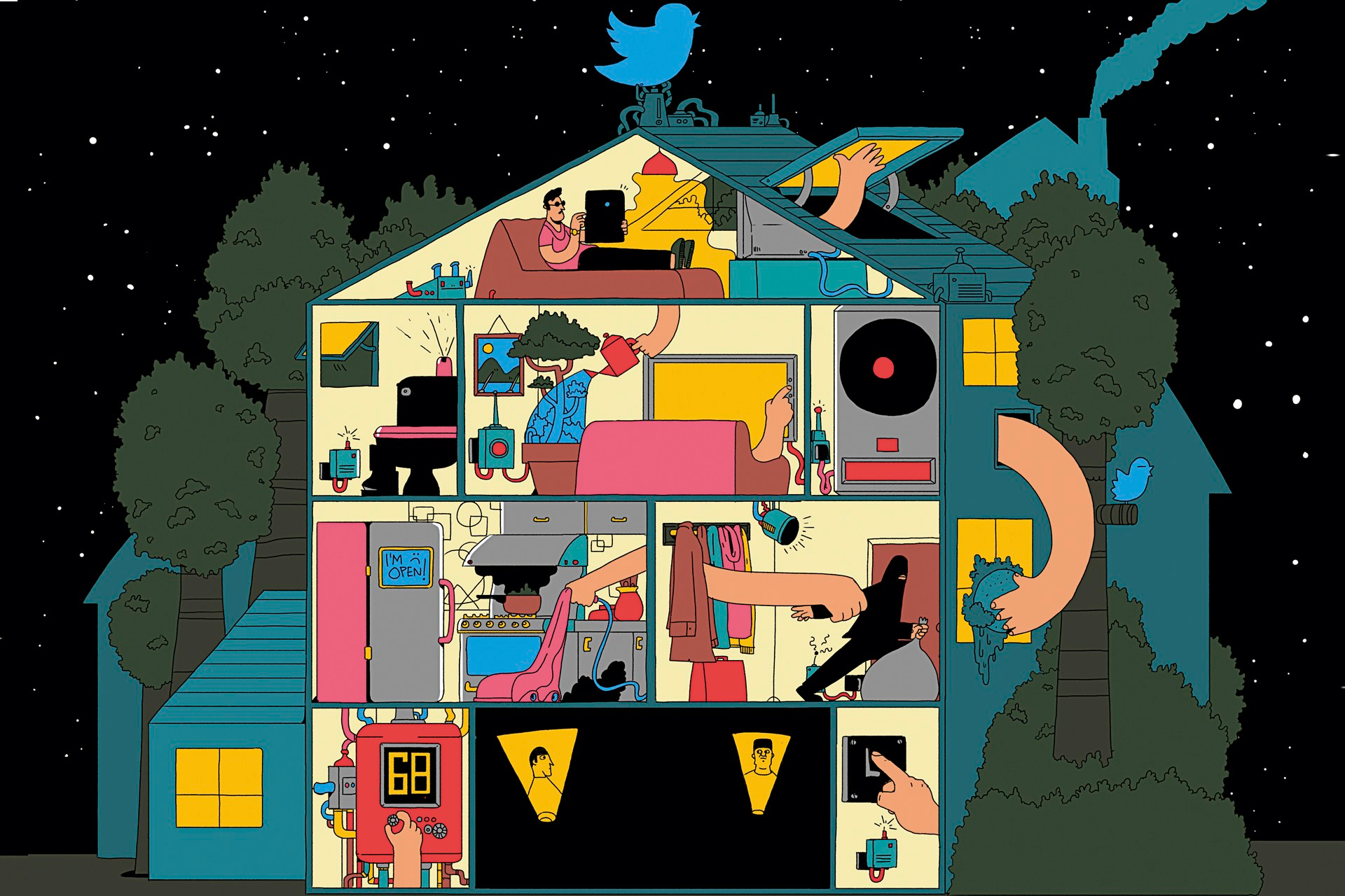 Chris Martin’s illustration of a connected house at night, showing its rooms, sensors and appliances.