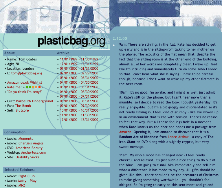 Screenshot of the first plasticbag.org design, with a pale blue page and compact weblog columns.