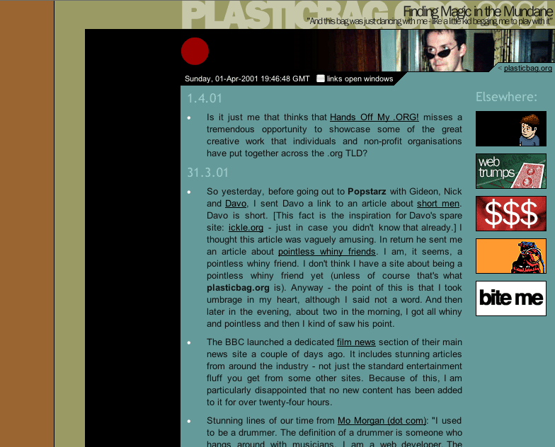 Screenshot of the second plasticbag.org design, using a darker layout with cream and orange details.