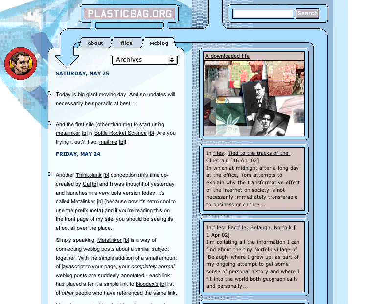 Screenshot of the third plasticbag.org design, with weblog posts and a detailed navigation column.