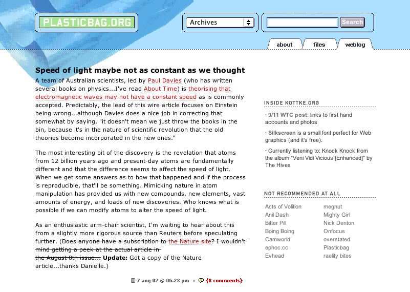 Screenshot of the restrained CSS-based Kottkesque design for plasticbag.org.