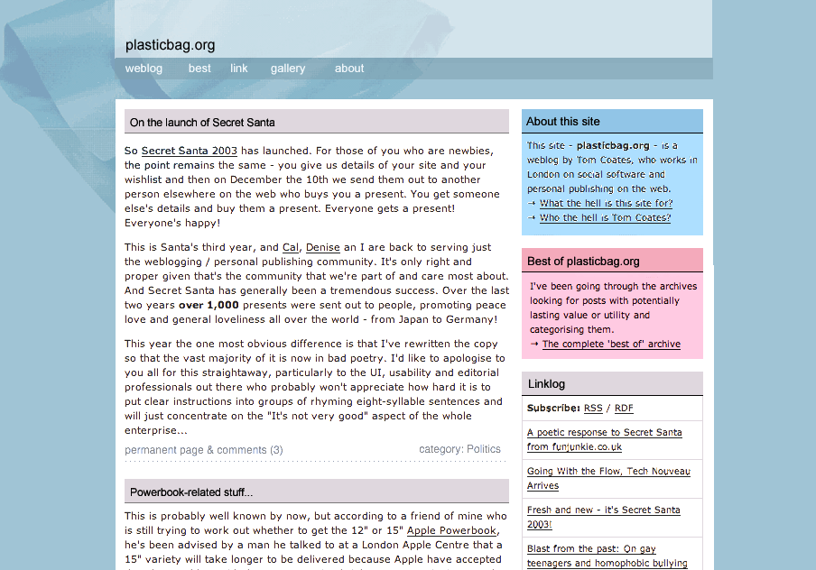 Screenshot of the plasticbag.org homepage in late 2003, showing weblog posts and site navigation.