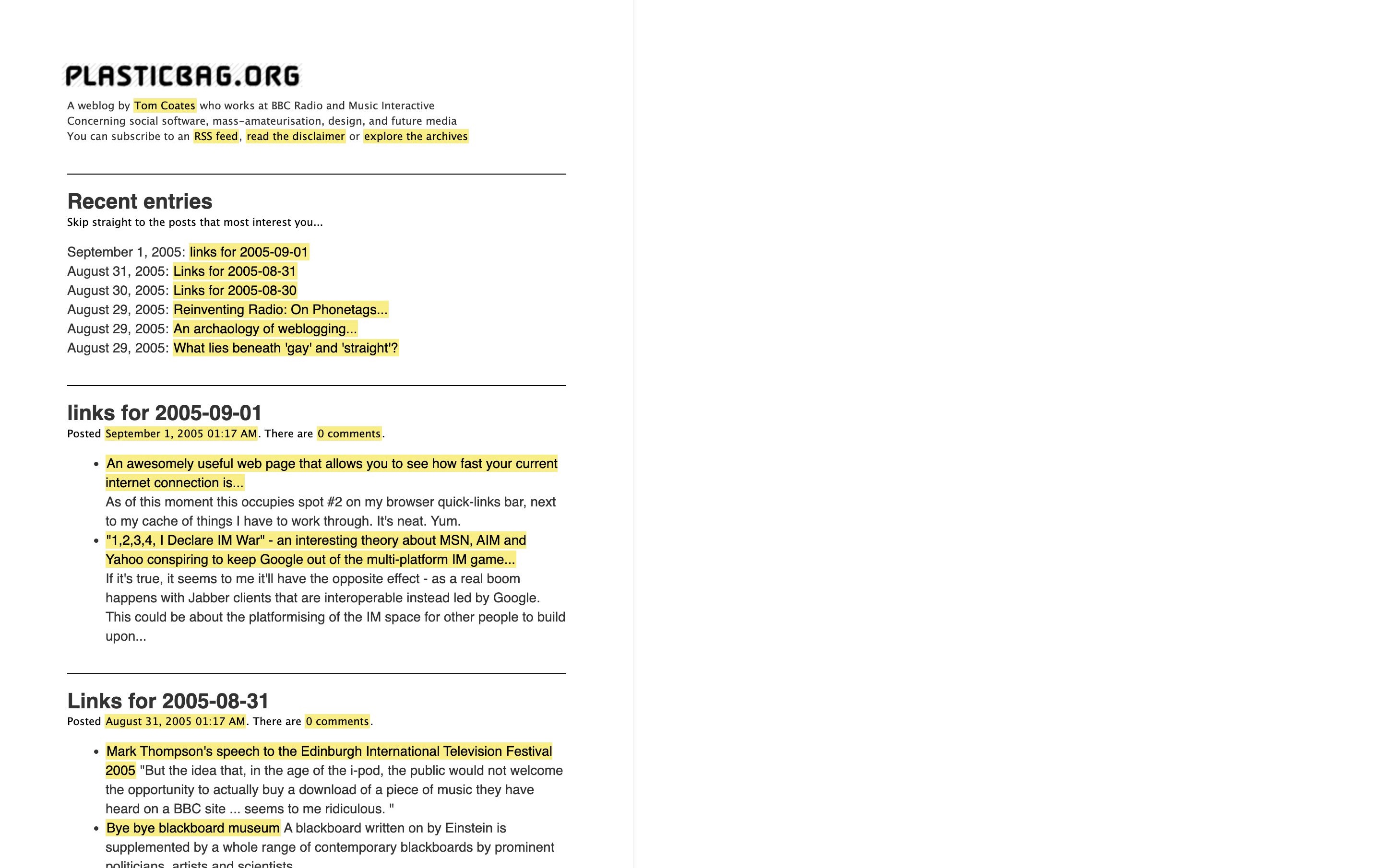 The minimal 2005 plasticbag.org design, with large black type and yellow links.