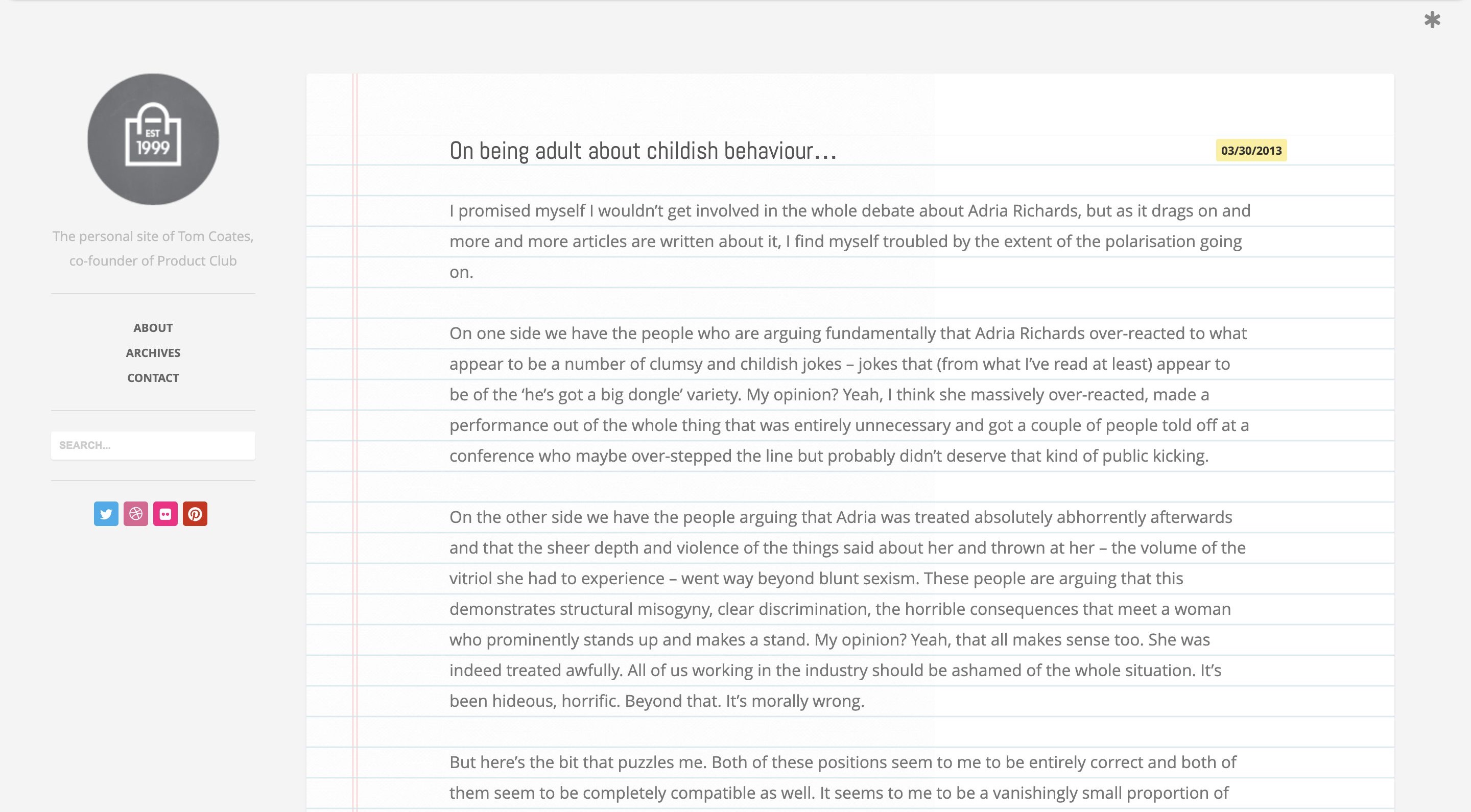 Screenshot of plasticbag.org using the Fixed WordPress theme, with posts in a narrow central column.