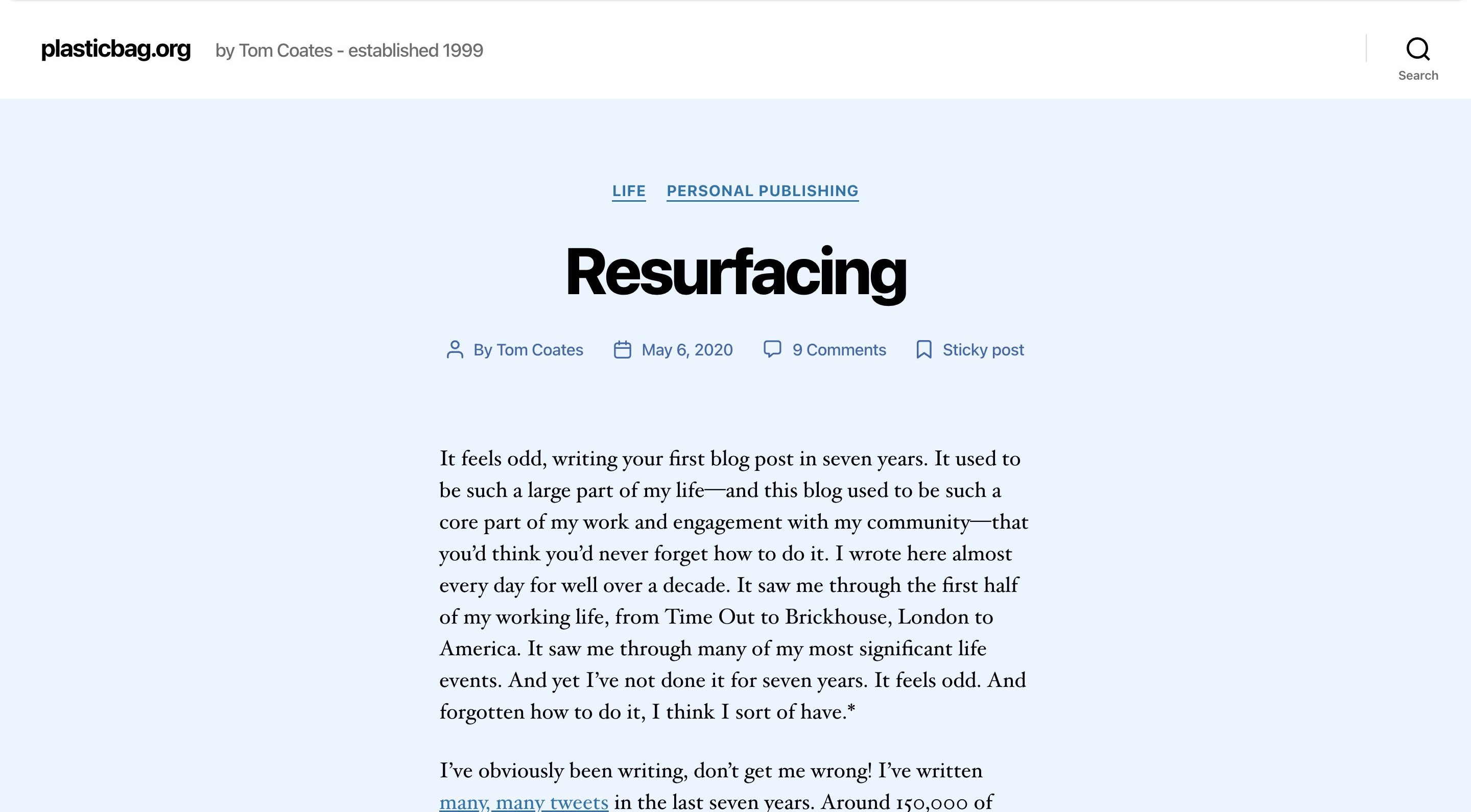 Screenshot of plasticbag.org using the Twenty Twenty theme and showing the Resurfacing post.
