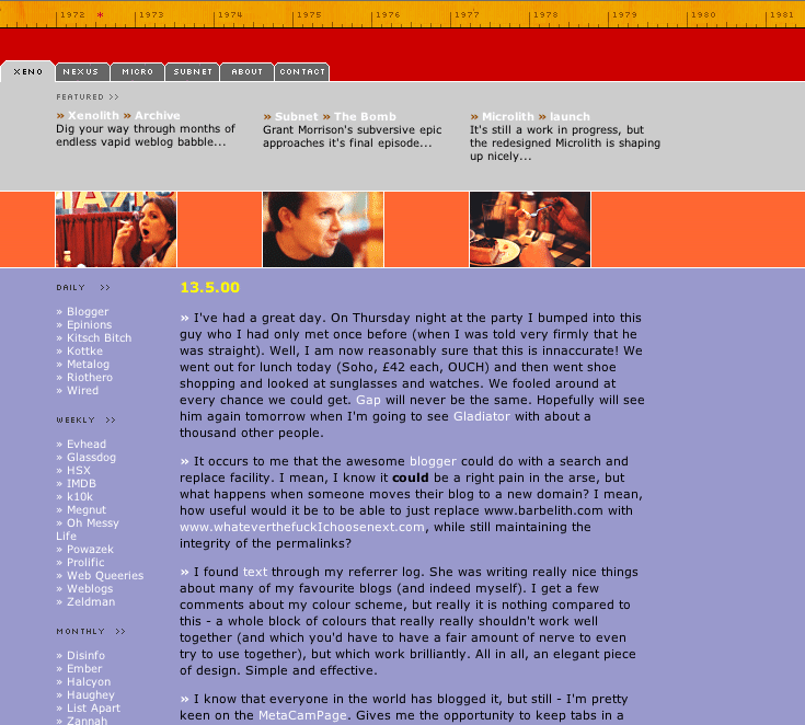 Screenshot of Barbelith’s red, grey, and lavender design, the site from which plasticbag.org emerged.