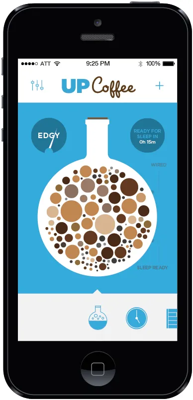 The UP Coffee flask screen, with coffee-coloured bubbles representing caffeine in the body.