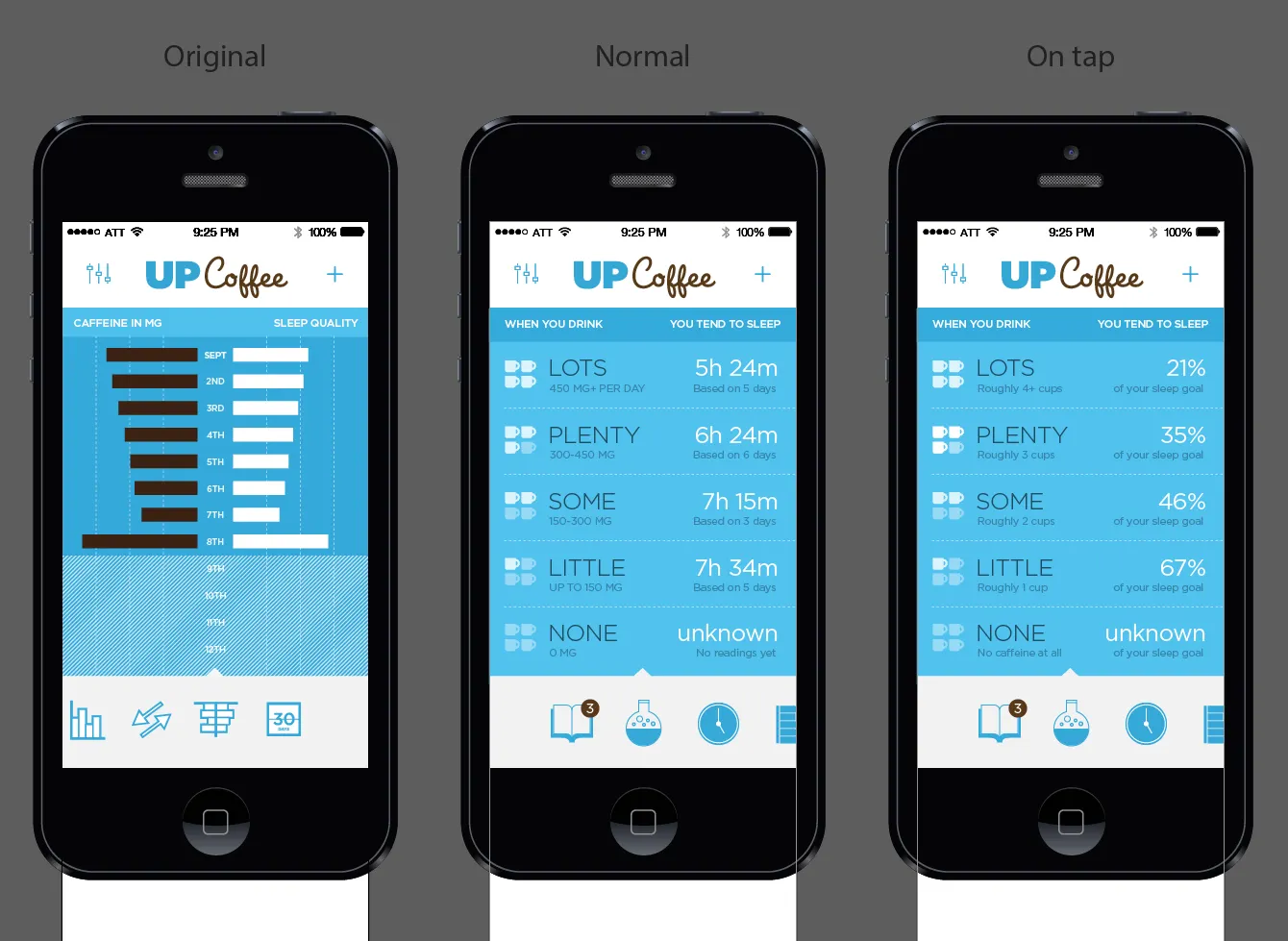 Original, intermediate, and near-final versions of the UP Coffee sleep screen.