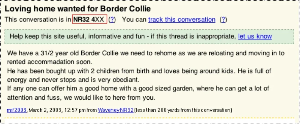 A slide showing how the final two characters of a conversation’s postcode were concealed.