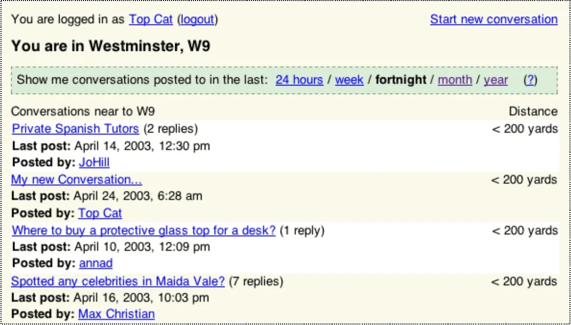 A screenshot listing the conversations nearest to a user’s postcode.