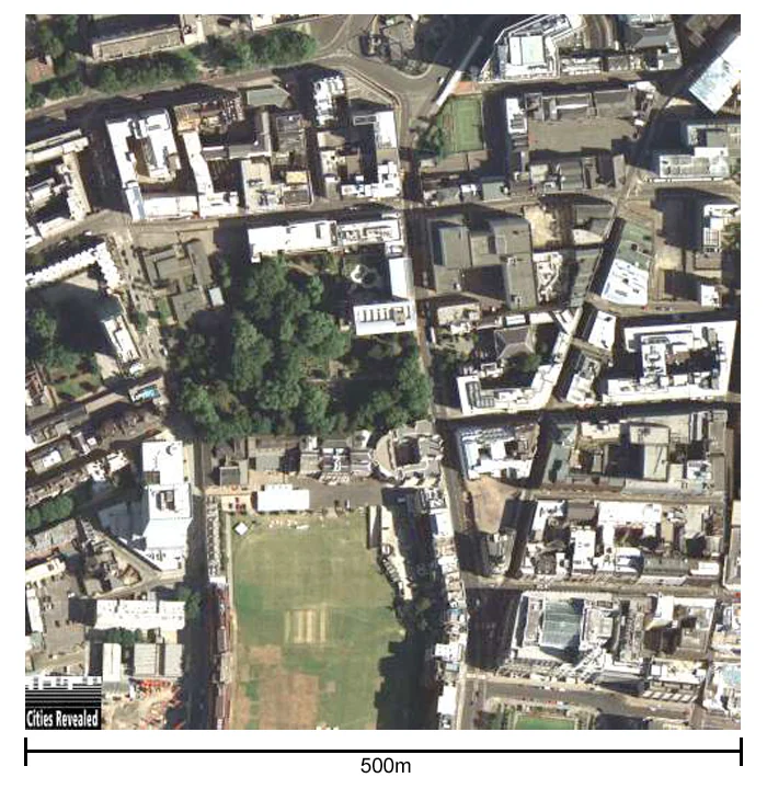 An aerial photograph of a compact area of central London.