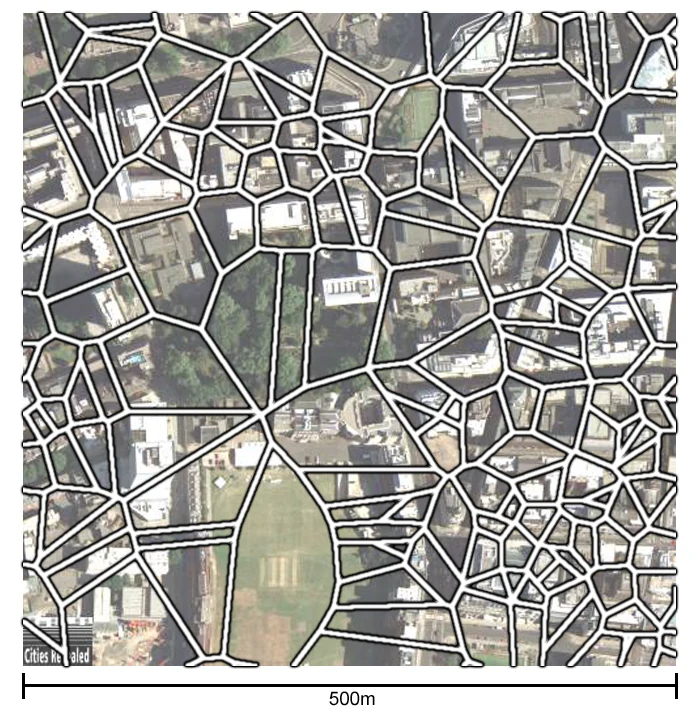 A close-up aerial map showing the boundaries of individual London postcodes.
