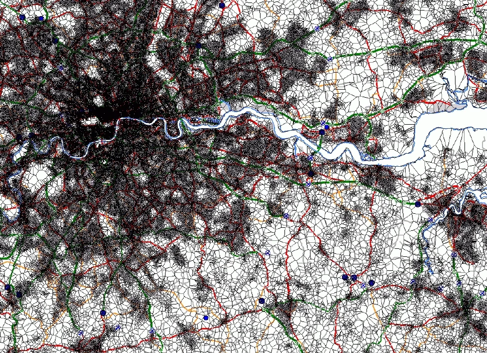 A map visualising the dense pattern of postcodes across Greater London.