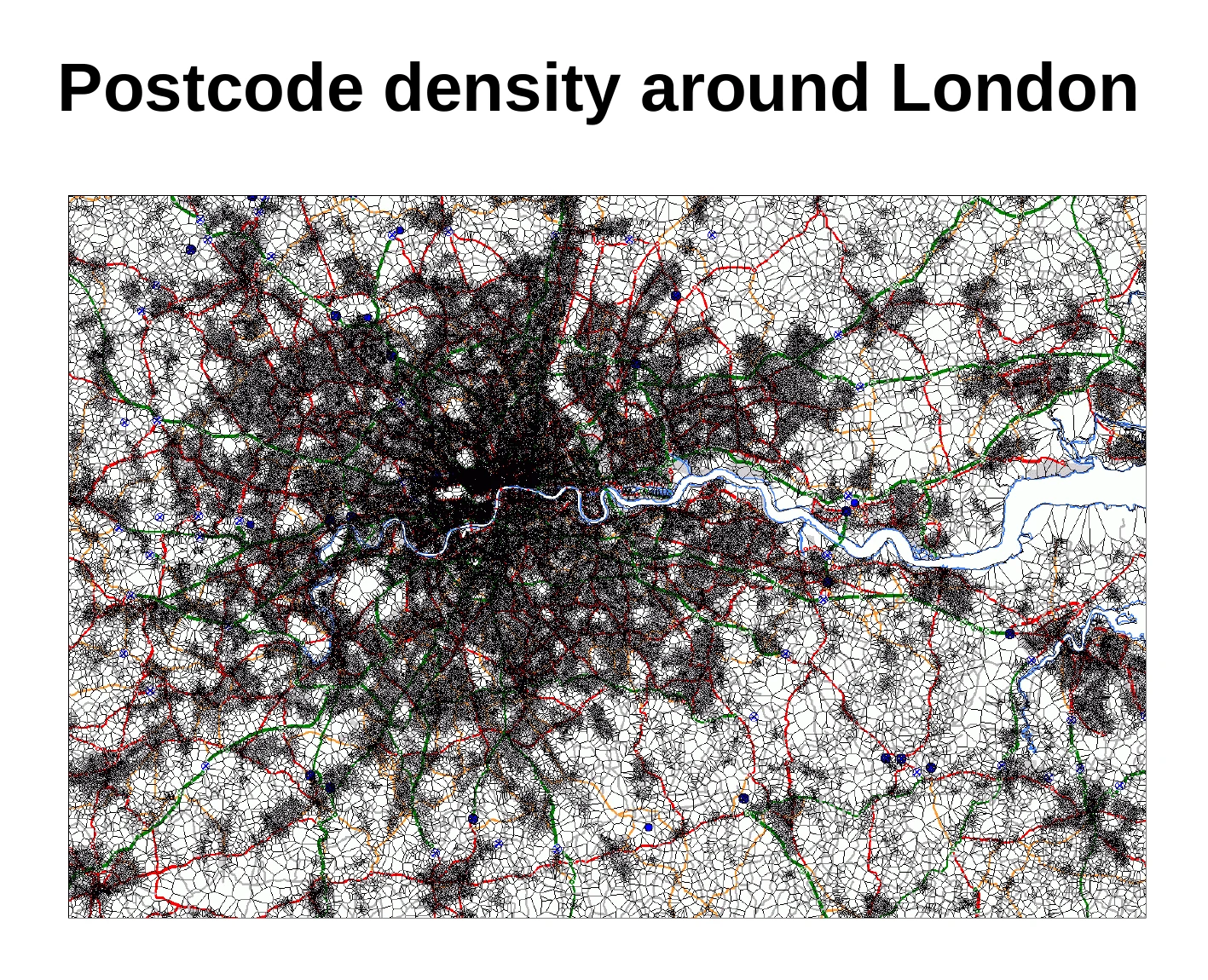 A map visualising the dense pattern of postcodes across Greater London.