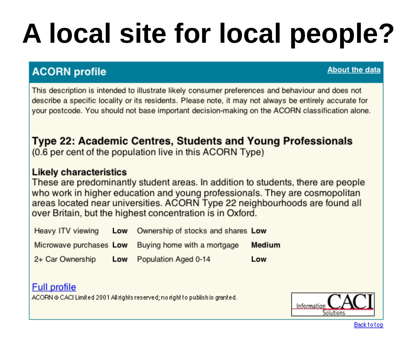 A slide showing an ACORN demographic profile for a local area.
