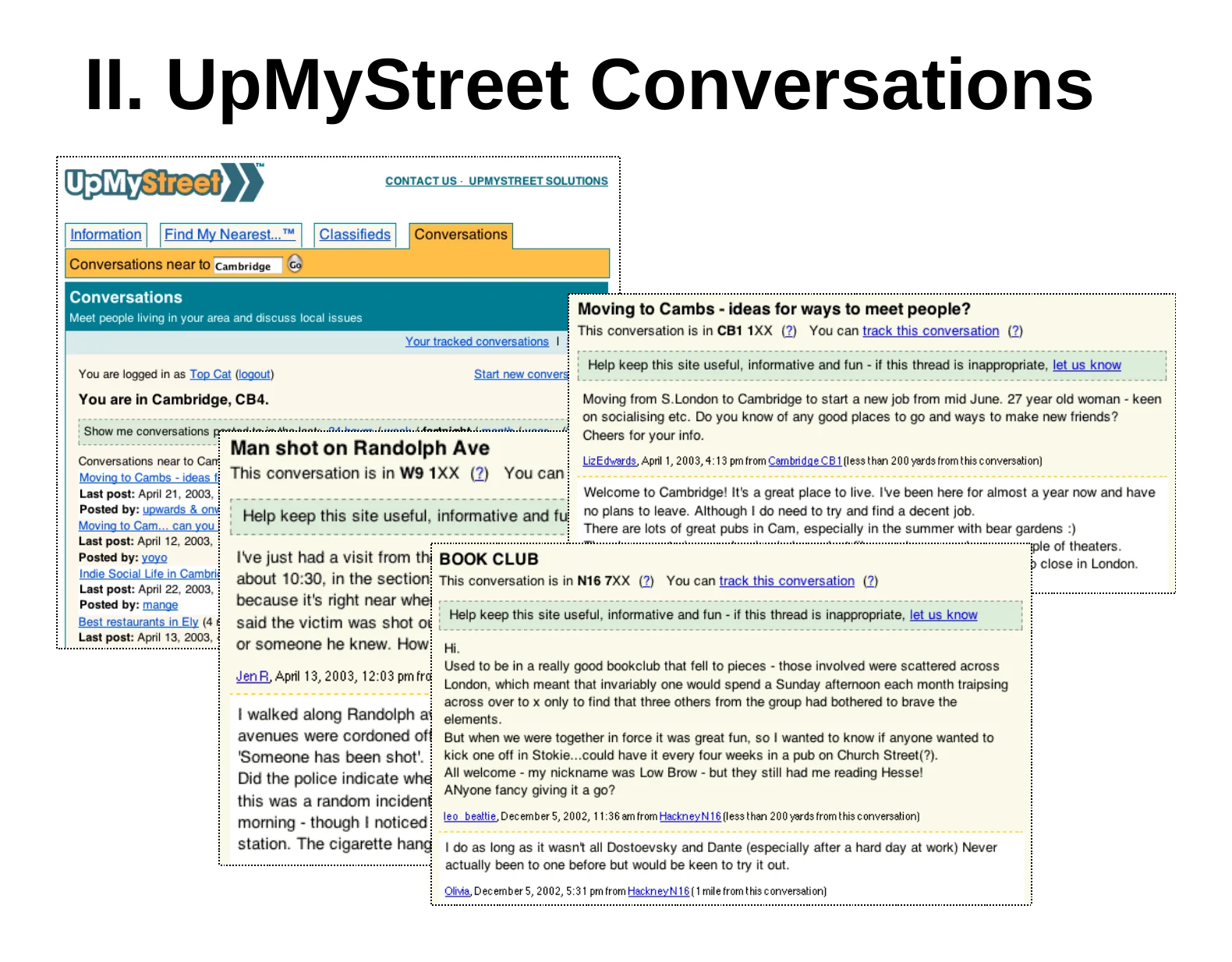 A section slide introducing UpMyStreet Conversations with a screenshot of the service.