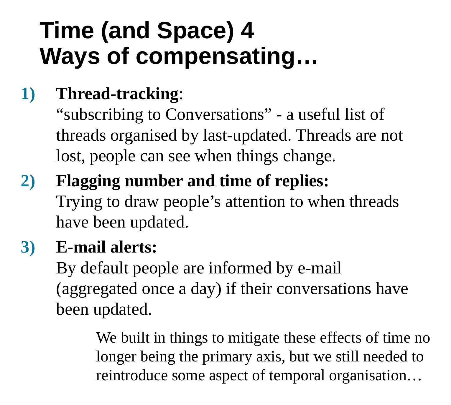 A slide describing thread tracking, reply indicators and email alerts.