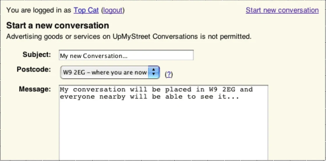 A screenshot of the form used to start an UpMyStreet conversation at a specific postcode.