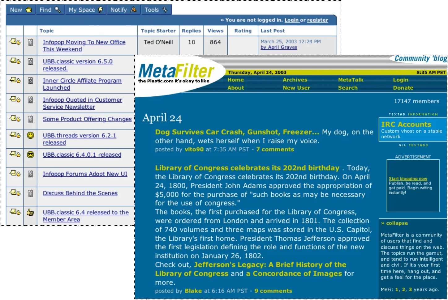 A slide comparing time-based message boards, including MetaFilter and a conventional forum.