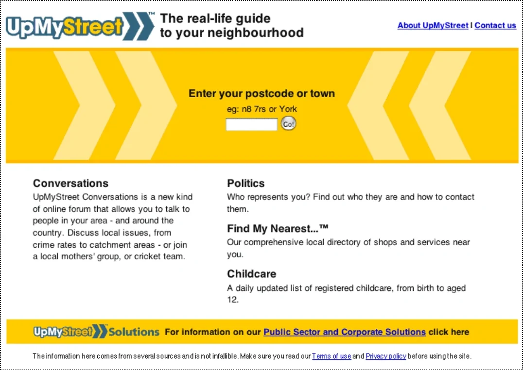 A slide describing UpMyStreet as a UK local-information publisher, illustrated with an UpMyStreet results page.