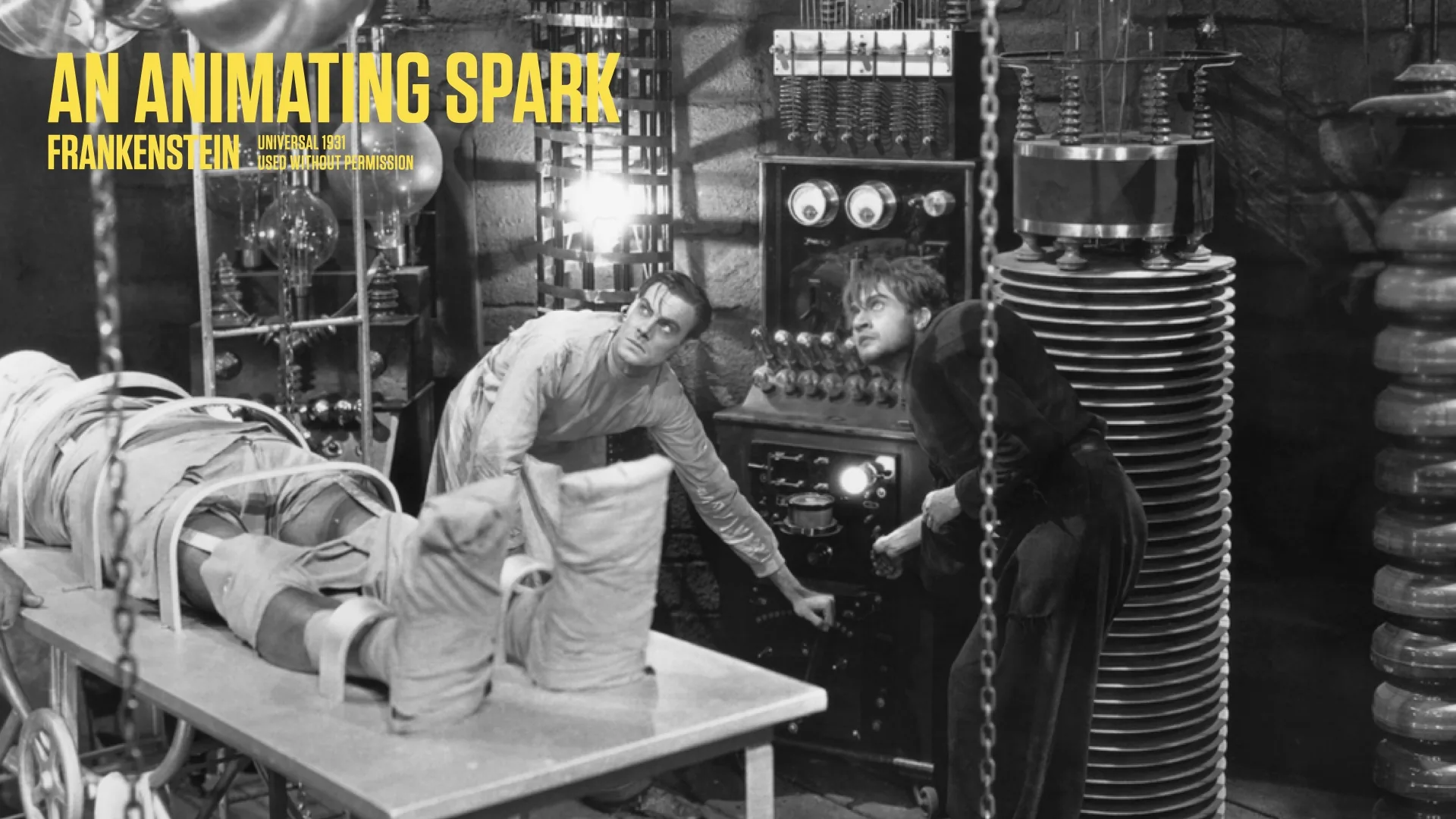 Frankenstein's monster being brought to life by electricity.