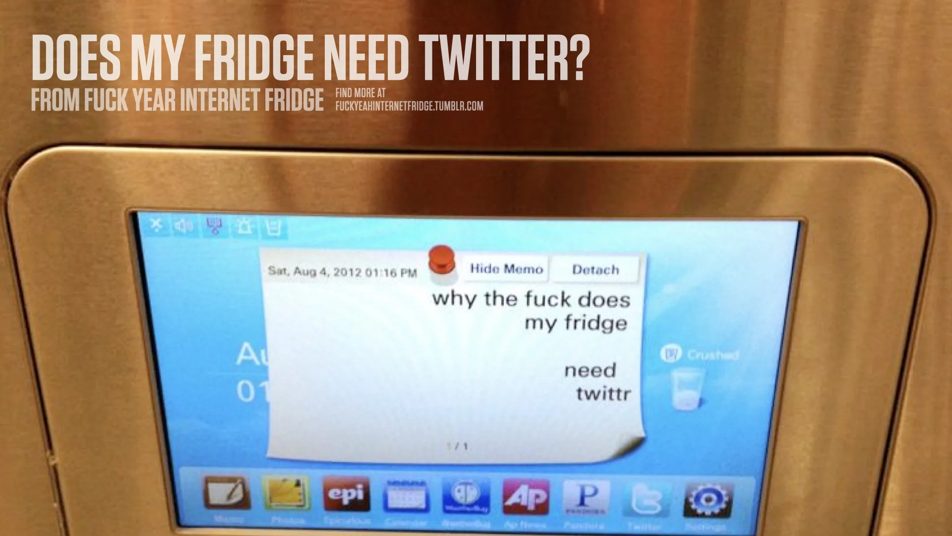 A refrigerator with a large touchscreen and internet applications.
