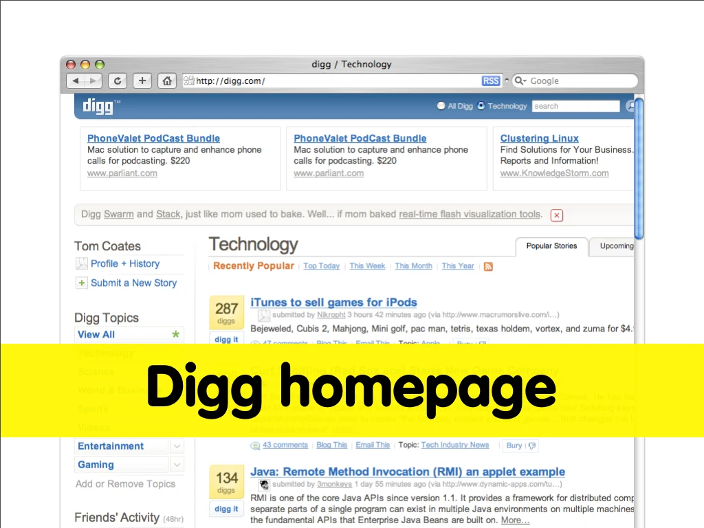 Slide reading: Digg homepage.