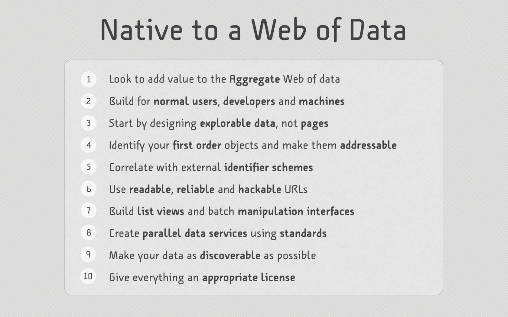 Visual from slide 60 of Native to a Web of Data.