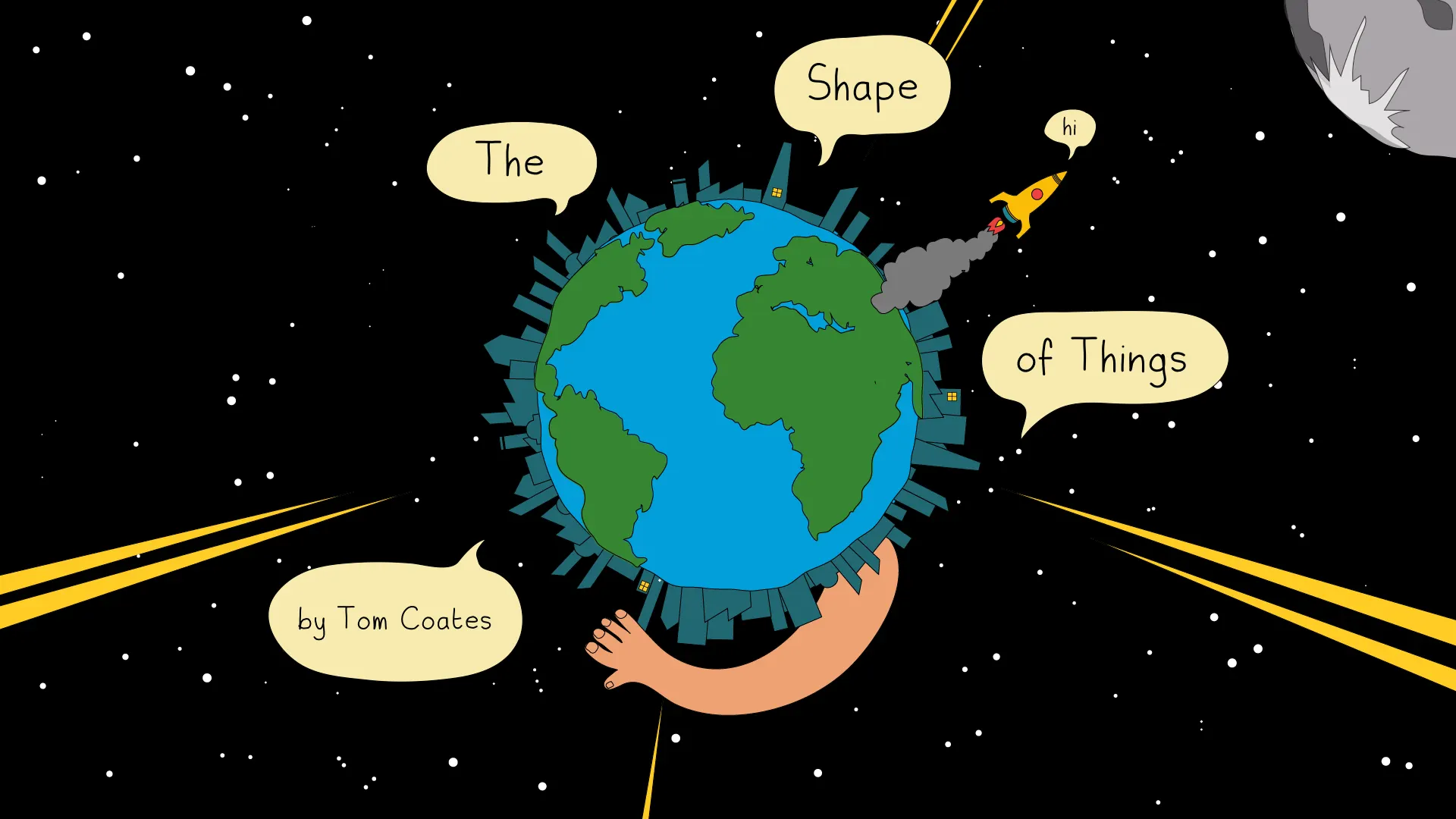 Illustrated title slide: The Shape of Things, by Tom Coates, surrounding a networked Earth.