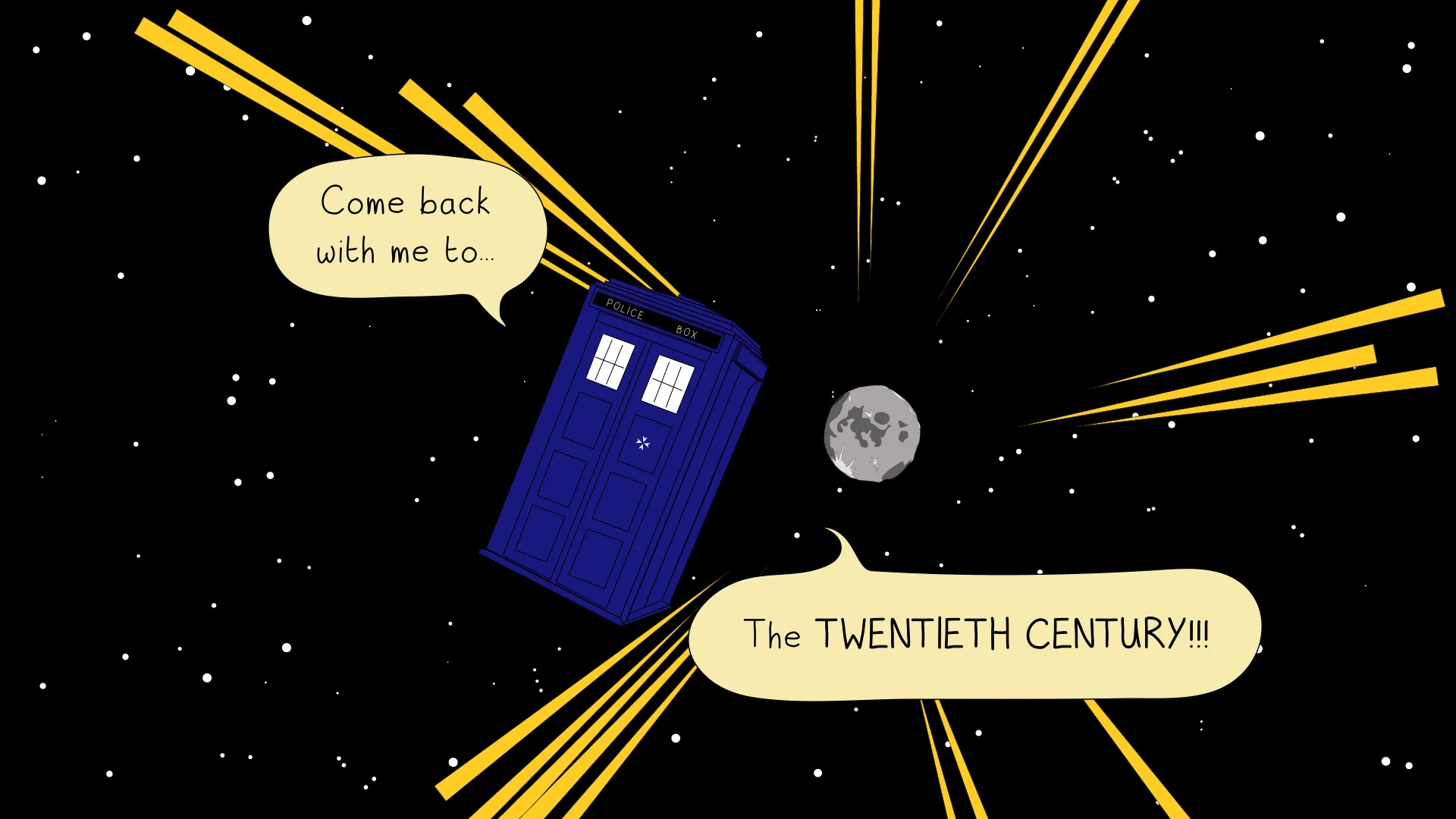 Illustration of the TARDIS returning to the twentieth century.