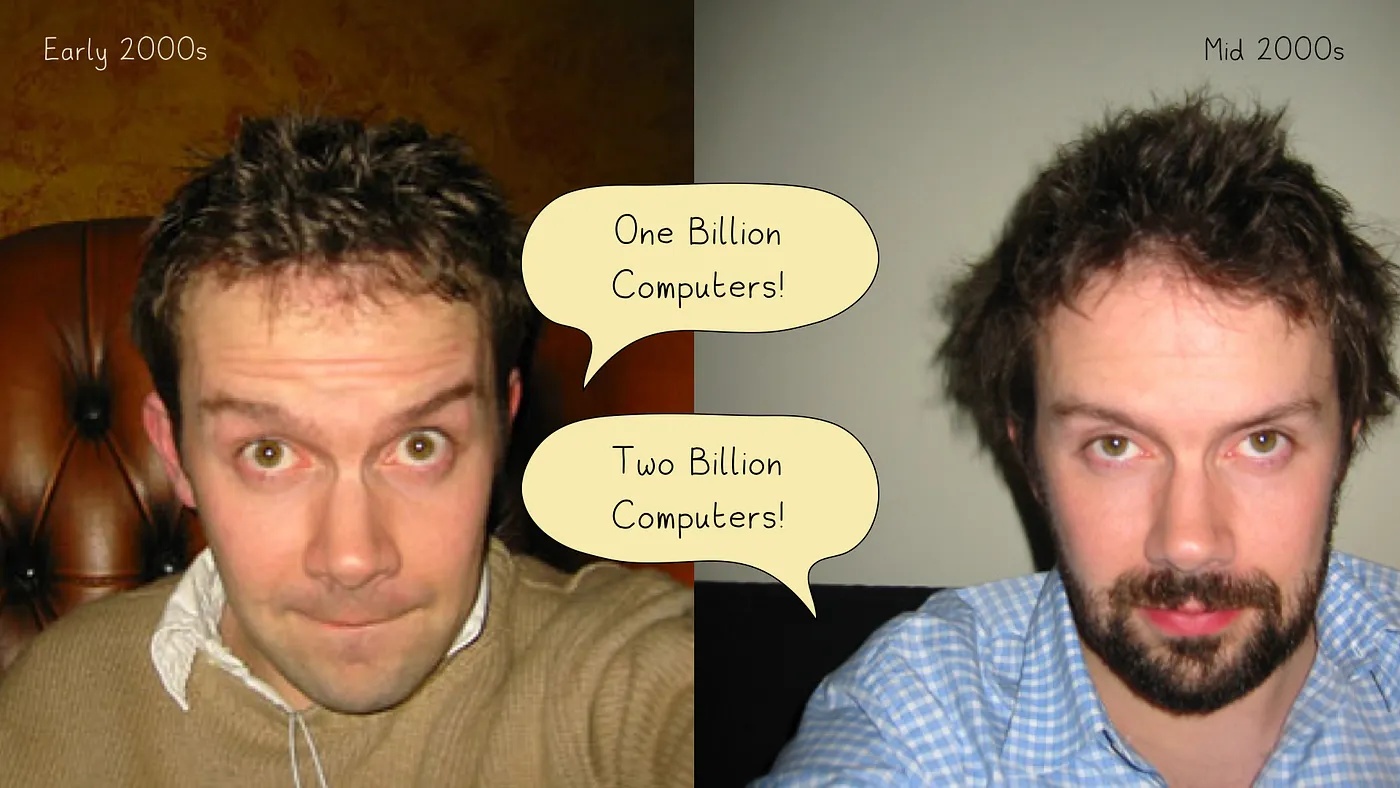 Two portraits of Tom Coates marking the points when one billion and two billion computers had been sold.