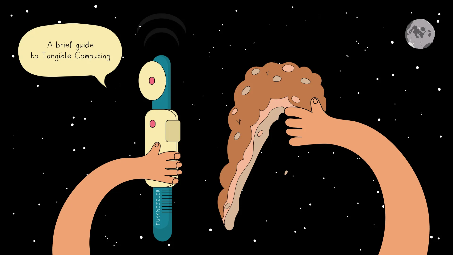 Illustration introducing tangible computing, with a sonic screwdriver and a person touching their forehead.