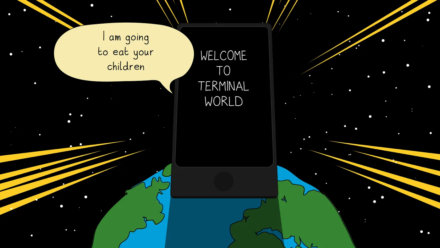Illustration of a phone welcoming its user to Terminal World while a speech bubble asks for their children.