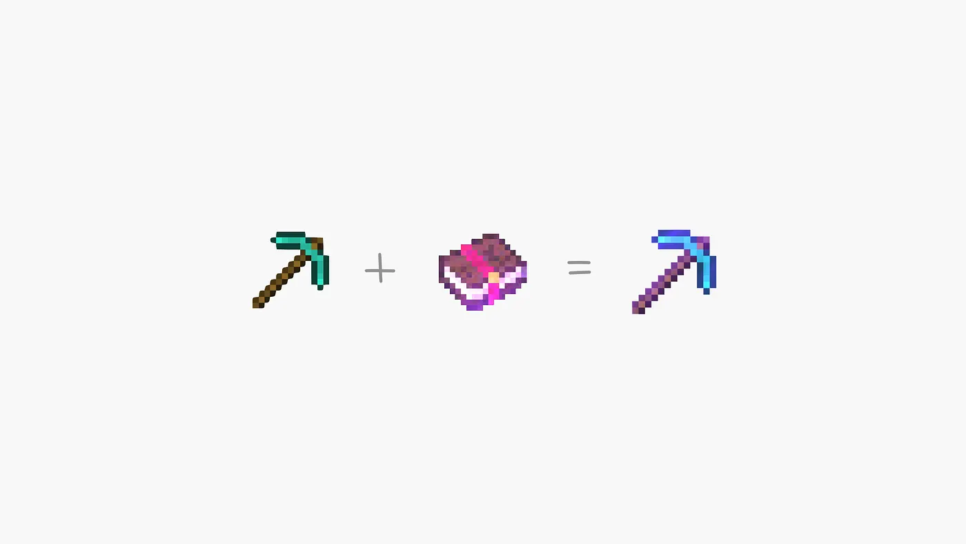 A Minecraft diamond pickaxe combined with an enchanted book to make an enchanted pickaxe.