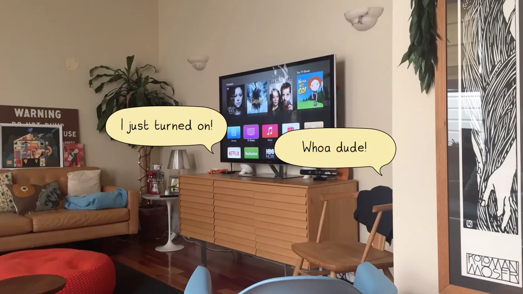A living room with connected lights and a television, overlaid with speech bubbles about who turned a light on.