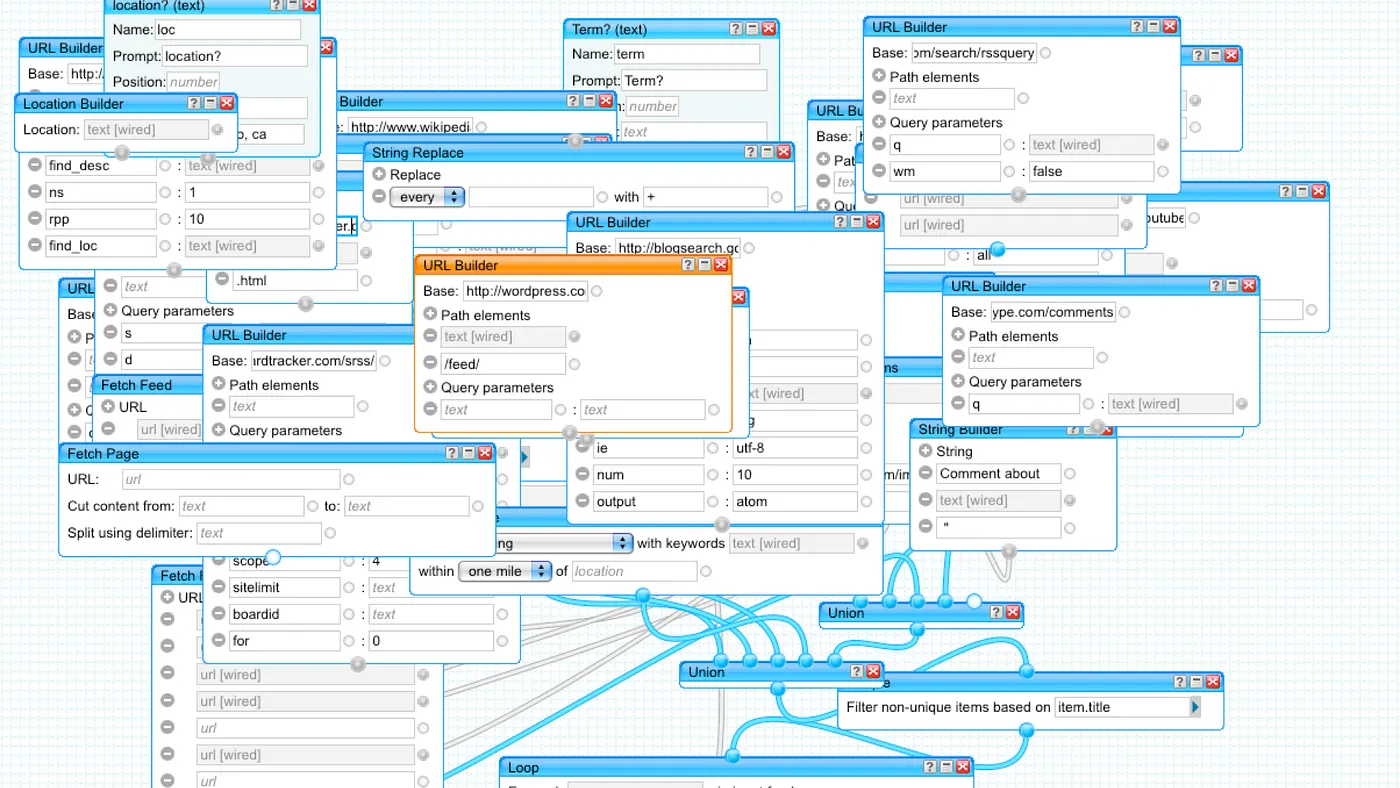 A complex Yahoo Pipes programming interface with many connected blocks.