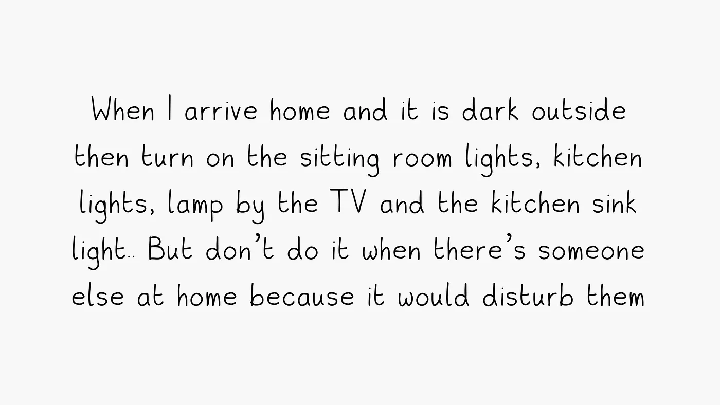 A detailed automation rule that turns on several lights after arriving home in the dark, unless someone else is already there.