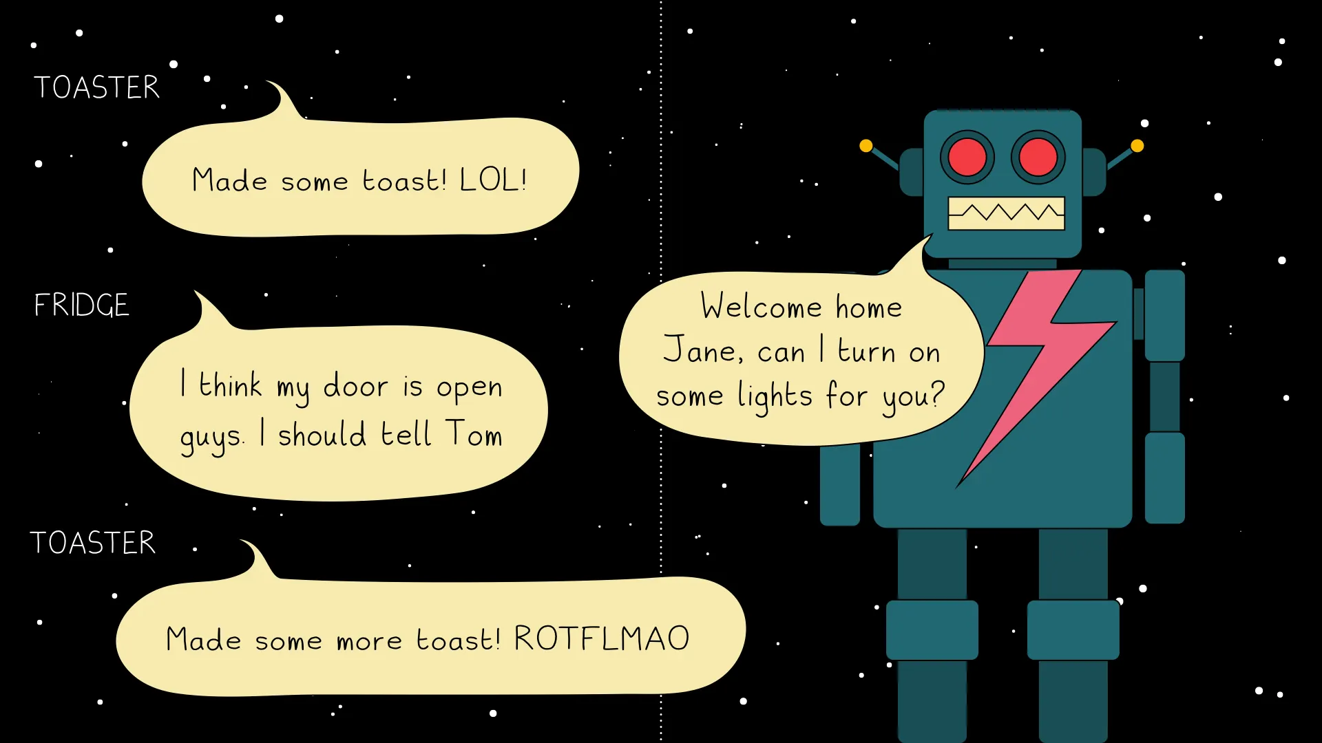 A sample Thington conversation in which connected appliances talk with their owner beside a robot concierge.